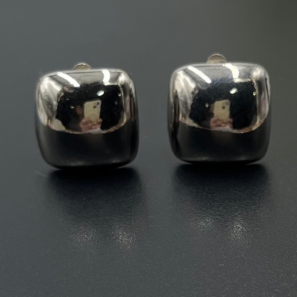 Givenchy Vintage Signed High Polish Silver Tone Puff Cube Clip on Earrings